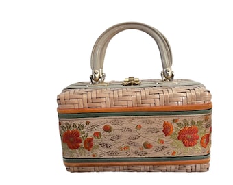 Vintage Monsac Wicker Basket Purse With Aqua Blue Leather Accents