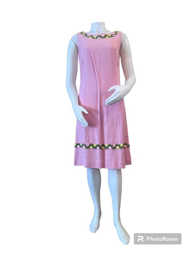 Vintage summer sheath dress Puritan Forever Young sleeveless pink linen with floral appliqués 1960s 1970s spring dress image 1