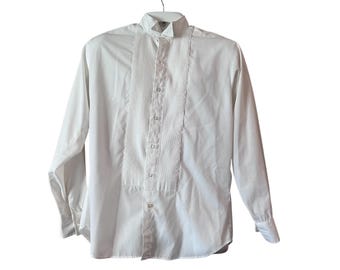 Vintage tuxedo shirt white wing collar flat pleated front size M3 button or use studs mens formalwear wedding prom gala