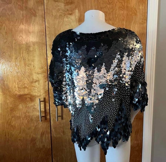 Vintage 1980s sequin top black silk with sewn on … - image 3