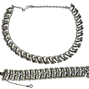 Vintage Coro demi-parure necklace and bracelet silver green purple rhinestones baguettes rare Coro jewelry 1950s 1960s