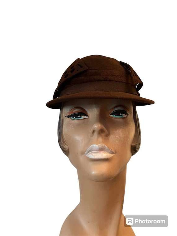 Vintage Womens Hat Brown Felt With Brim Hearts Four Leaf  display picture 2
