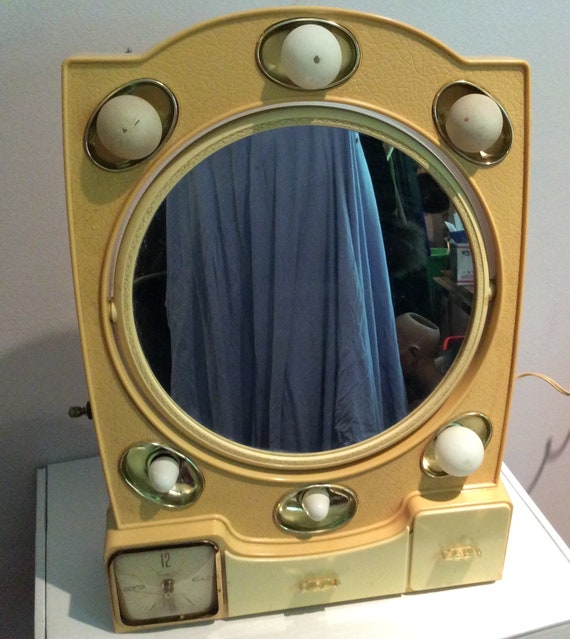 Vintage Makeup Mirror Lighted Femme Lite By Rialto Products 1950 S Clock Drawer Rockabilly Pinup Boudoir Theater
