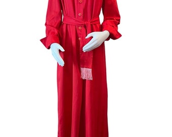 Vintage maxi dress hostess dress Leslie Fay Original red with fringe sash tie 1970s loungewear long sleeves with French cuffs
