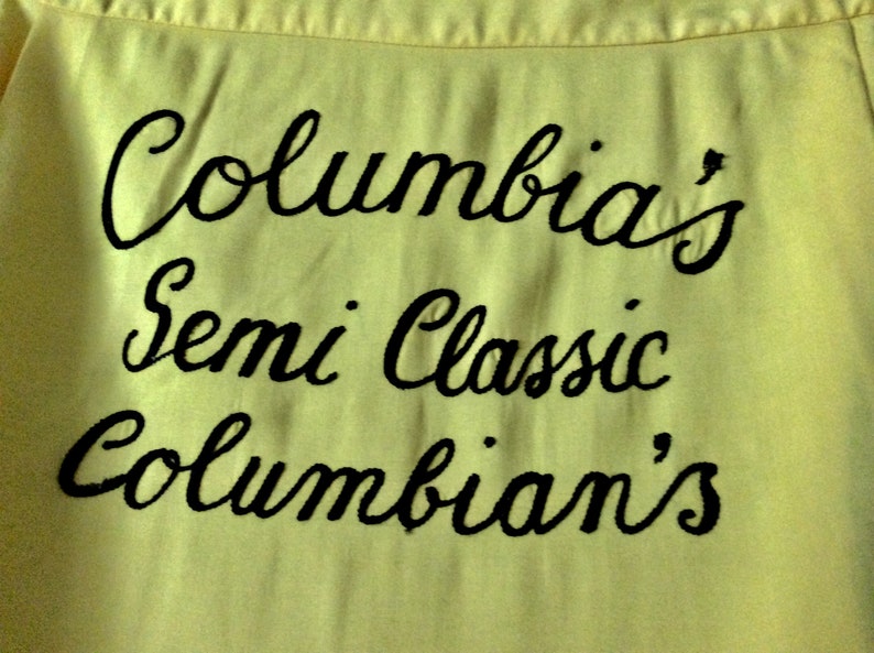 Vintage men\u2019s bowling shirt 1950\u2019s Amberley rayon size medium yellow embroidered Steve embroidered back rockabilly theater costume