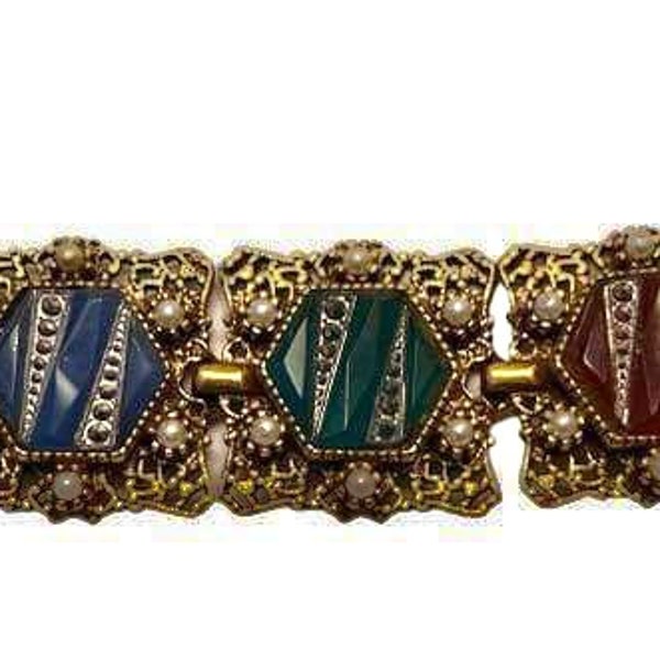 Vintage panel link bracelet Arthur Pepper signed ART gold filigree molded glass with faux marcasite faux pearls Art Deco style