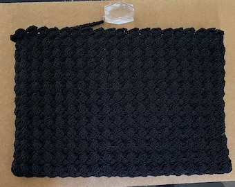 Vintage 1940s purse clutch black crochet Corde style zipper top with large lucite pull