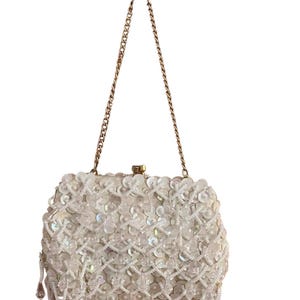 Vintage white beaded purse iridescent sequins faux pearls dangling crystals clutch handbag Styled by Encore wedding purse evening bag