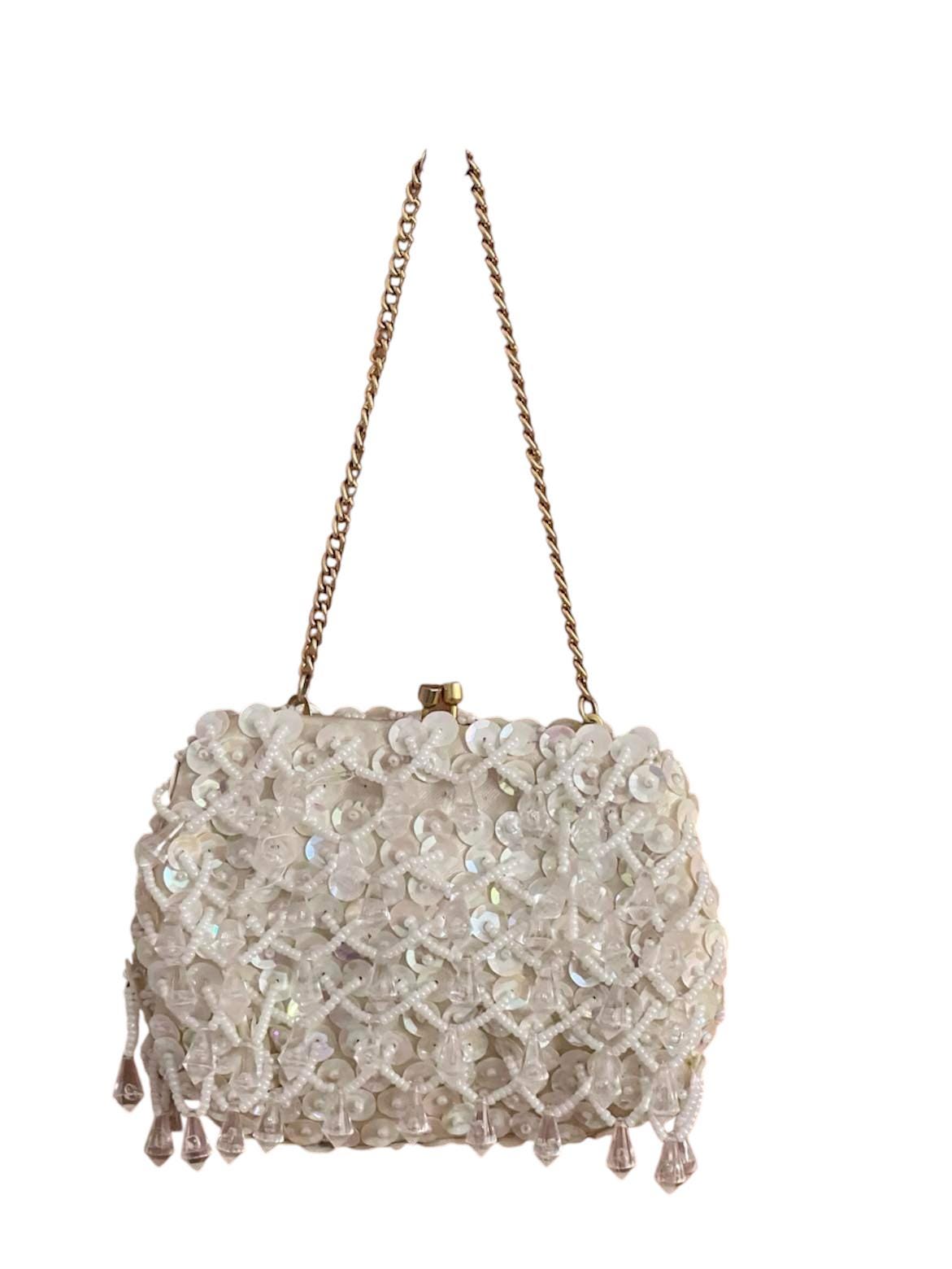 Vintage White Beaded Purse Iridescent Sequins Faux Pearls