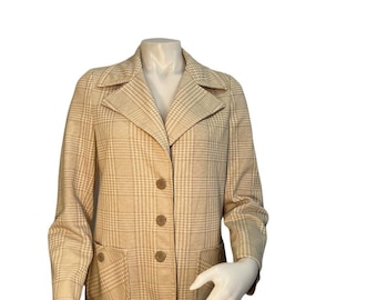 Vintage blazer 1970s tan plaid polyester blazer with pockets 1970s women’s blazer spring summer plaid blazer