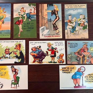 Vintage postcards unused bulk lot of 9 humorous cartoon graphics 1950s pinup glamour vintage humor collectible postcards