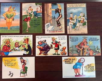 Vintage postcards unused bulk lot of 9 humorous cartoon graphics 1950s pinup glamour vintage humor collectible postcards