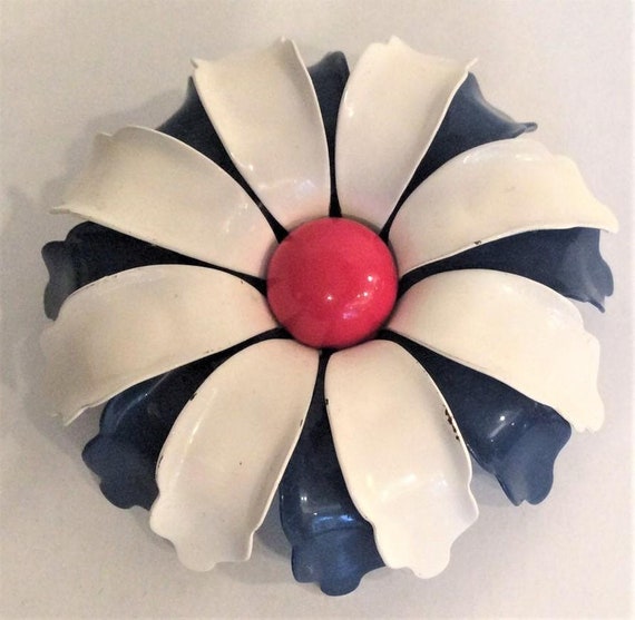 Vintage enamel brooch large flower red white and … - image 3