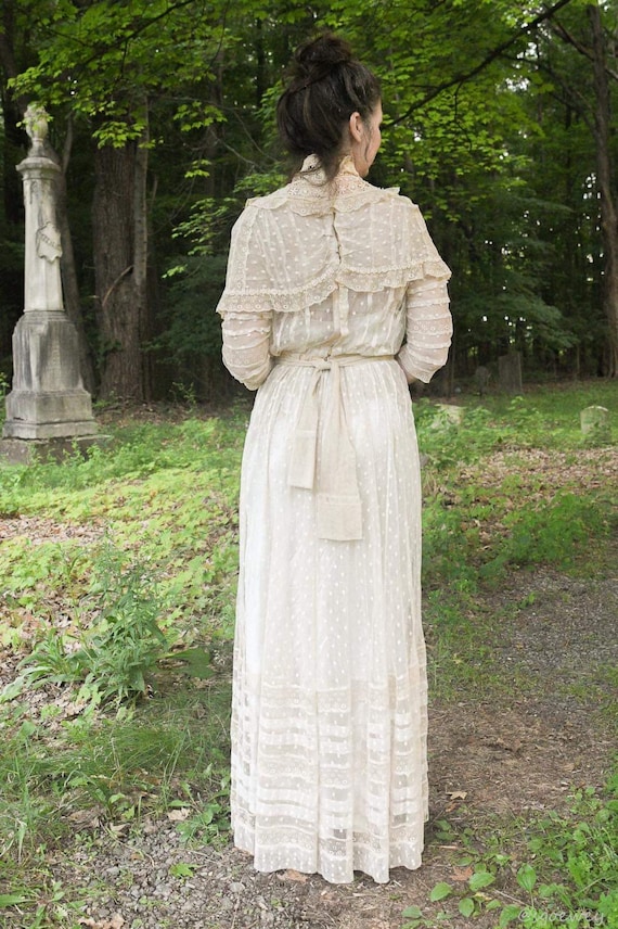 Antique Edwardian lingerie dress mesh lace tea dress attached cape tiered skirt historical fashion polka dot mesh rare wedding dress
