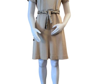 1960s dress wool knit light tan with sash tie belt and decorative buttons beige and black mod knit dress 1960s fashion