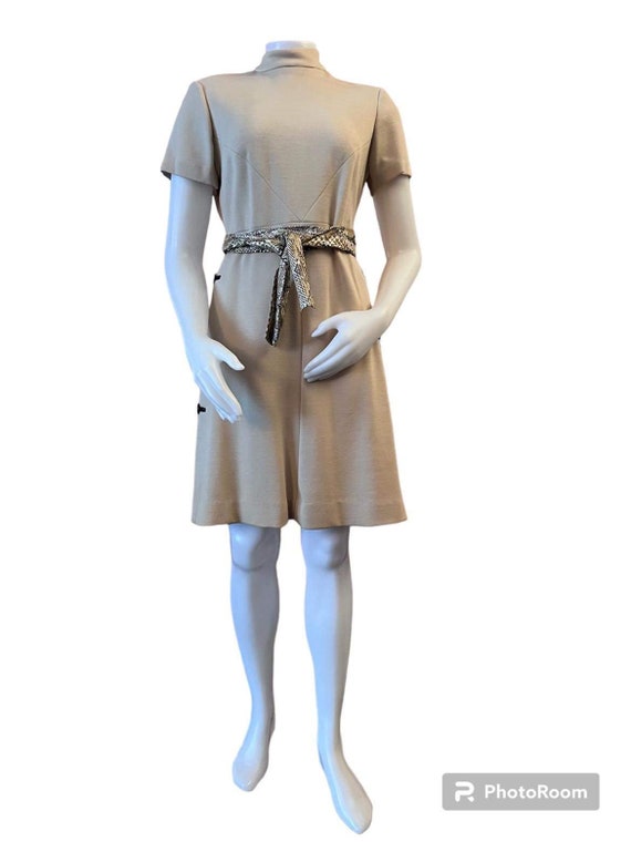 1960s dress wool knit light tan with sash tie belt