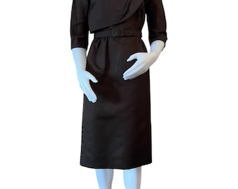 Vintage 1950s dress brown with belt Abe Schrader vintage cocktail dress faille satin size small