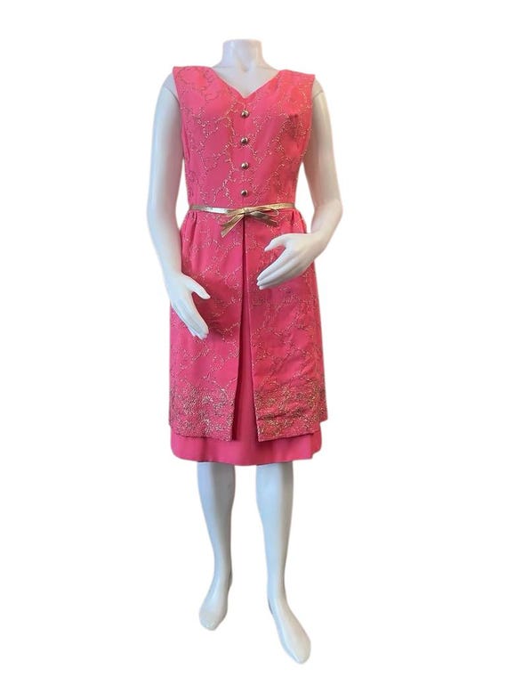 Vintage 1960s dress bright pink gold metallic thread gold metallic bow belt