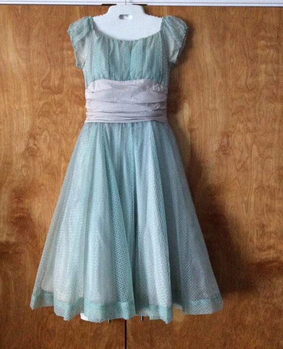 Vintage Party Dress 1950's Sheer Turquoise Eyelet Cap