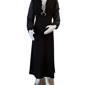 Vintage black gown 1970s deep v ruffle neckline semi sheer long sleeves rhinestone embellishment extra large size sexy black gown