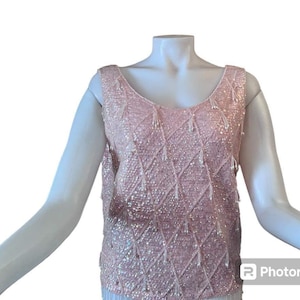 Vintage pink sequin and beaded top 1960s dangling beads and faux pearls size large sleeveless sparkly top 1960s theater costume stage wear
