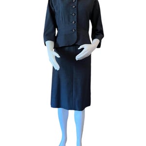 Vintage 1940s women’s skirt suit by Mangone New York dark blue peplum jacket with rhinestone studded buttons rare fancy dress suit