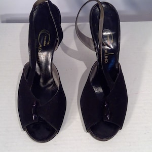Vintage 1940s black suede high heels Eduardo Capalino peep toe sling backs size 8M Rockabilly pinup theater costume