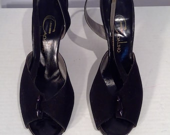 Vintage 1940s black suede high heels Eduardo Capalino peep toe sling backs size 8M Rockabilly pinup theater costume