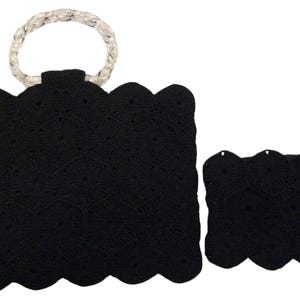 Vintage 40s Black Corde Handbag, Rockabilly Purse, Brass Twist Lock