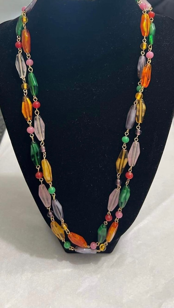 Vintage beaded necklace colorful art glass long st