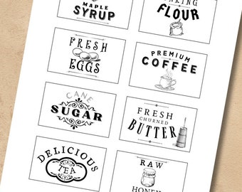 Vintage Country Primitive Baking Pantry Labels, Farmhouse Minimalist Black and White, Digital Printable Kitchen Labels, Kitchen Decor