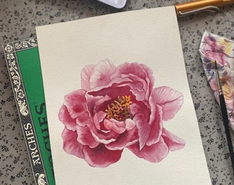 Pittura originale di fiori di peonia rosa acquerello, fiori di acquerello, pittura di fiori di peonia realistica, pittura di rose rosa, primavera di rose dell'acquerello