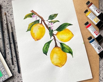 Pittura originale al limone ad acquerello, cibo ad acquerello, pittura di frutta, arte botanica realistica, frutta e verdura