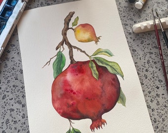 Original Aquarell Granatapfelgemälde, Kunstwerk für Küche, Obstgemälde, realistische botanische Kunst, Obst und Gemüse