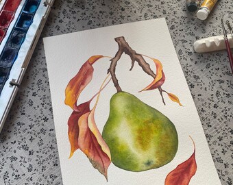 Original Aquarell Birnengemälde, Kunstwerk für Küche, Obstgemälde, realistische botanische Kunst, Obst und Gemüse