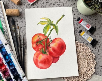 Pittura originale di pomodoro ad acquerello, cibo ad acquerello, pittura di frutta, arte botanica realistica, frutta e verdura