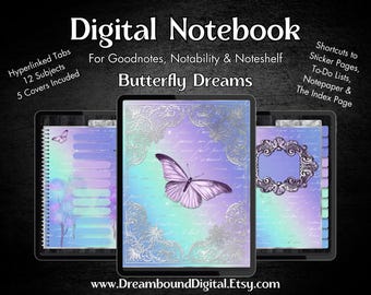 Cuaderno digital "Sueños de mariposa", diario con 12 temas y enlaces (Goodnotes & Notability, Noteshelf)