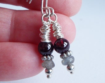 Silver Wire Wrapped Garnet Earrings, Long Minimalist Red Garnet and Blue Labradorite Earrings for Women, Aquarius Birthday Gift