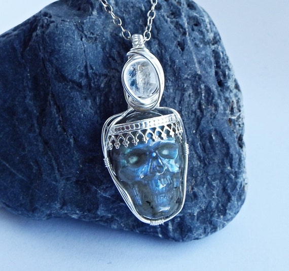 Labradorite Skull Pendant With Faceted Moonstone on Bail Human Skull Necklace Wire Wrapped Jewelry Christmas Gift Ideas Etsy