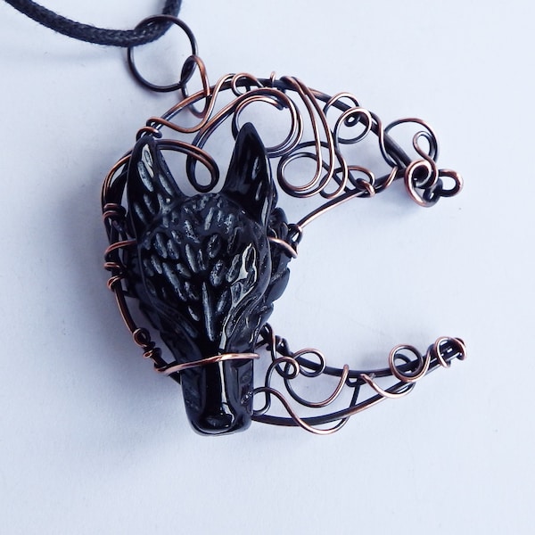 Wolf Moon Necklace, Copper Wire Wrapped Crescent Moon Necklace large with Obsidian Wolf Head, 7th Anniversary Gift for husband or wife