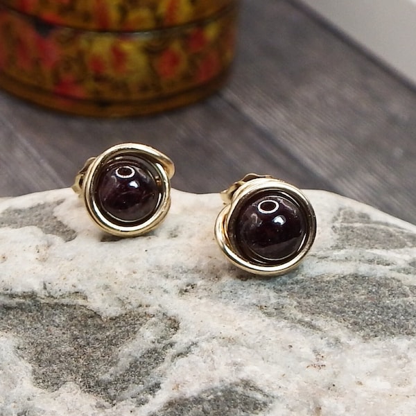 Gold Garnet Earrings, Gold Garnet Studs, Dainty Stud Earrings, Wire Wrapped Jewelry, January Birthstone, Mothers Day Gift