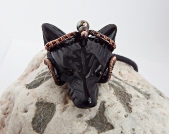 Black Obsidian Wolf Pendant, Wolf Head Necklace, Wire Wrapped Pendant, 7th Anniversary Gift for Husband, Mens Necklace