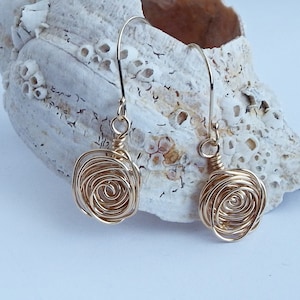 MacKintosh Rose style 14K gold dangle earrings, Scottish rose earrings, handmade Glasgow Rose Jewelry, MacKintosh Earrings