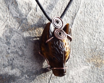 Tigers Eye Wolf Pendant, Wolf Head Necklace, Wire Wrapped Jewelry, 7th Anniversary Gift for Husband, Mens Necklace, Fathers Day Gift