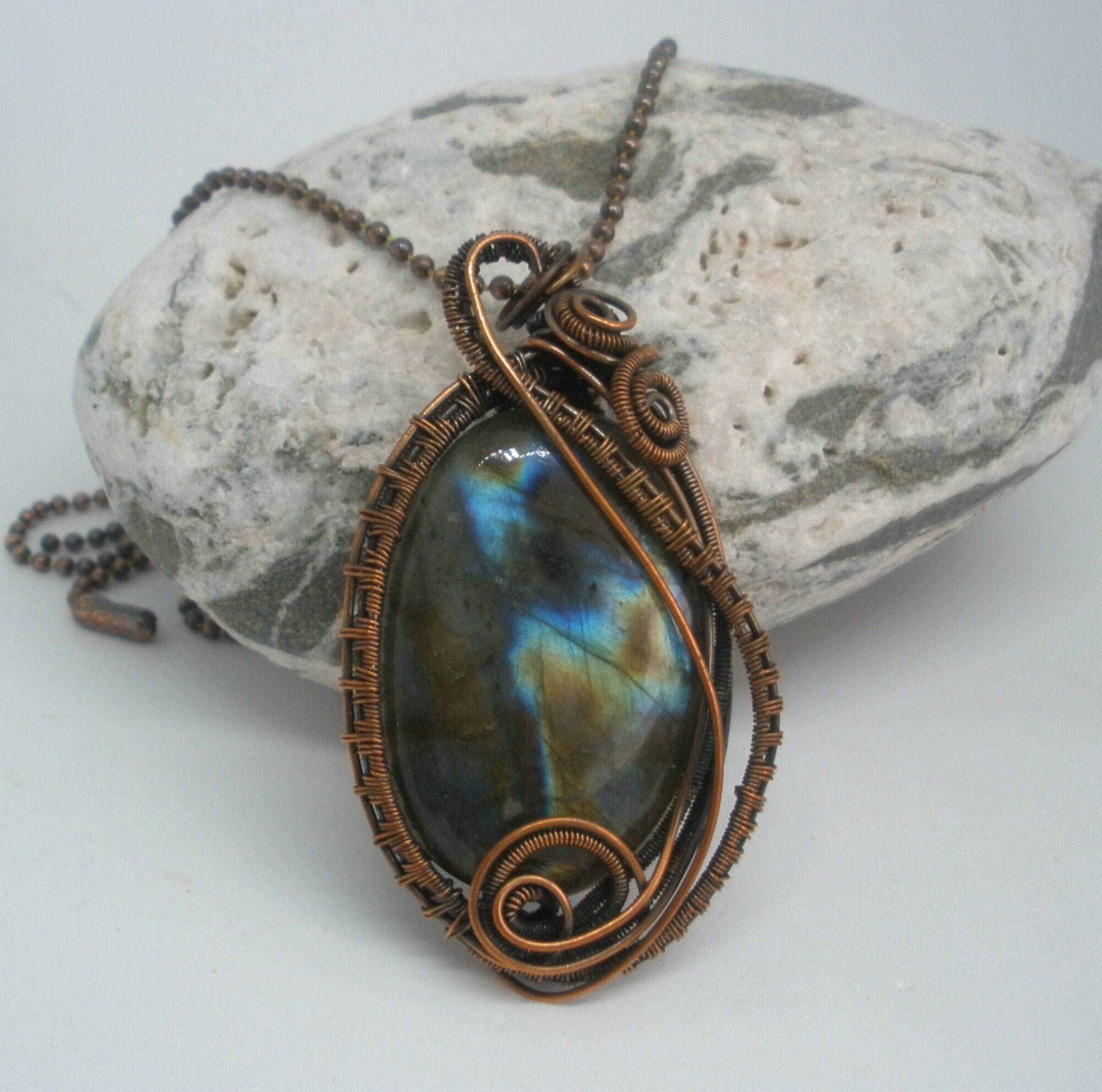 Blue Boho Labradorite Necklace Copper Wire Wrapped Pendant | Etsy