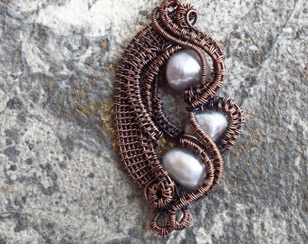 Baroque Pearl Wire Wrapped Pendant, Copper Wire Wrapped Pearls, Freshwater Pearls, Unique Necklaces for women, Girlfriend Gift