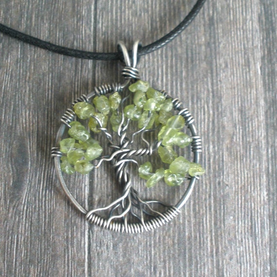 Green Peridot Tree of Life Necklace Yggdrasil Pendant Tree