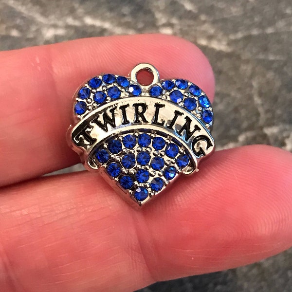 1 Twirling Blue and Rhinestones Heart Charm Pendant