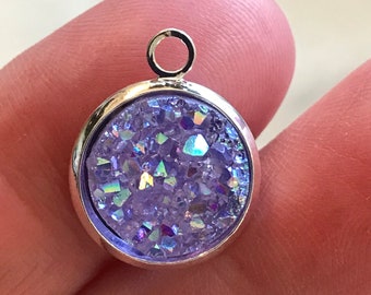 4 Purple resin druzy antique silver tone charms M917