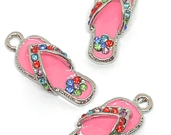 3 pink enamel and multicolored rhinestones flip flop charms - beach - summer - shoe - silver tone